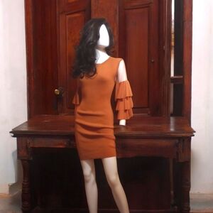 Jealous Tomato Long Ruffled Flare Sleeve Rust Color Knitted  Mini Dress, Size M